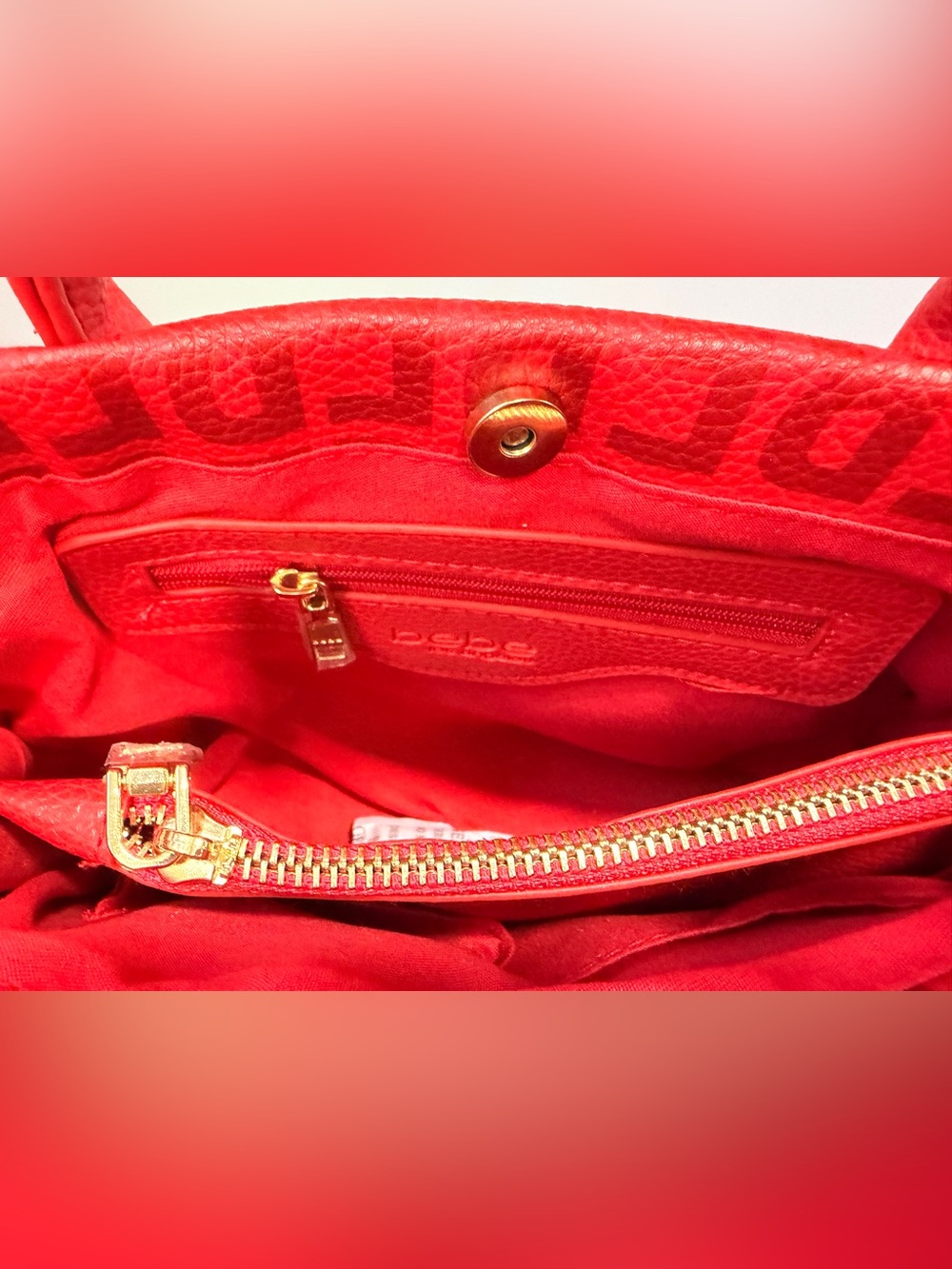 bebe Red Logo Jacquard Satchel with Gold Accents - Picture 5 of 7